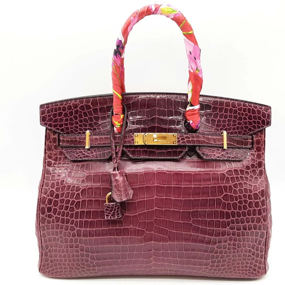 Hermes Birkin 35cm Shiny Violet Porosus Croc Gold Handbag